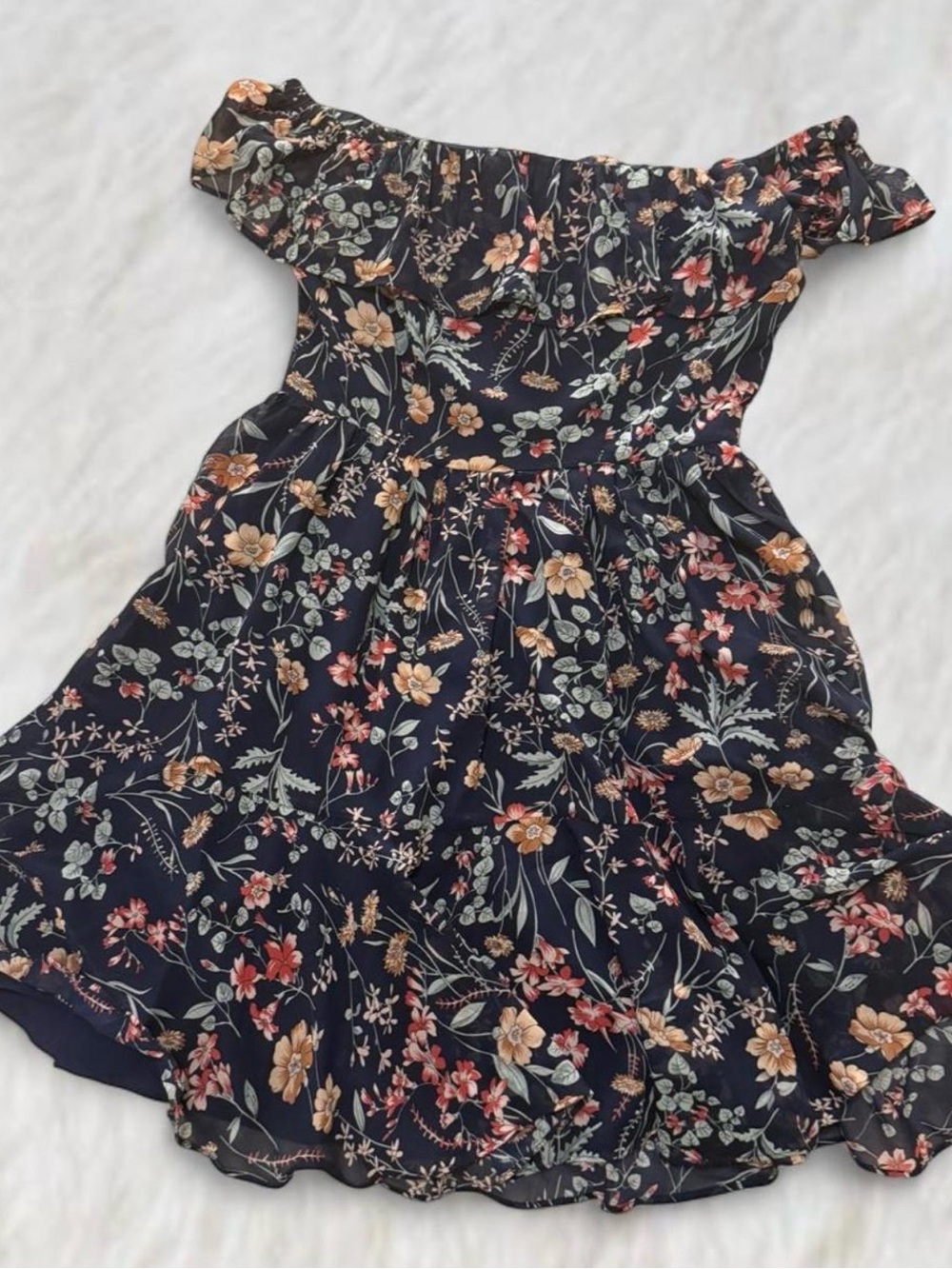 Lulu's Navy Floral Ruffle Off-Shoulder Women’s Dress - Picture 4 of 4